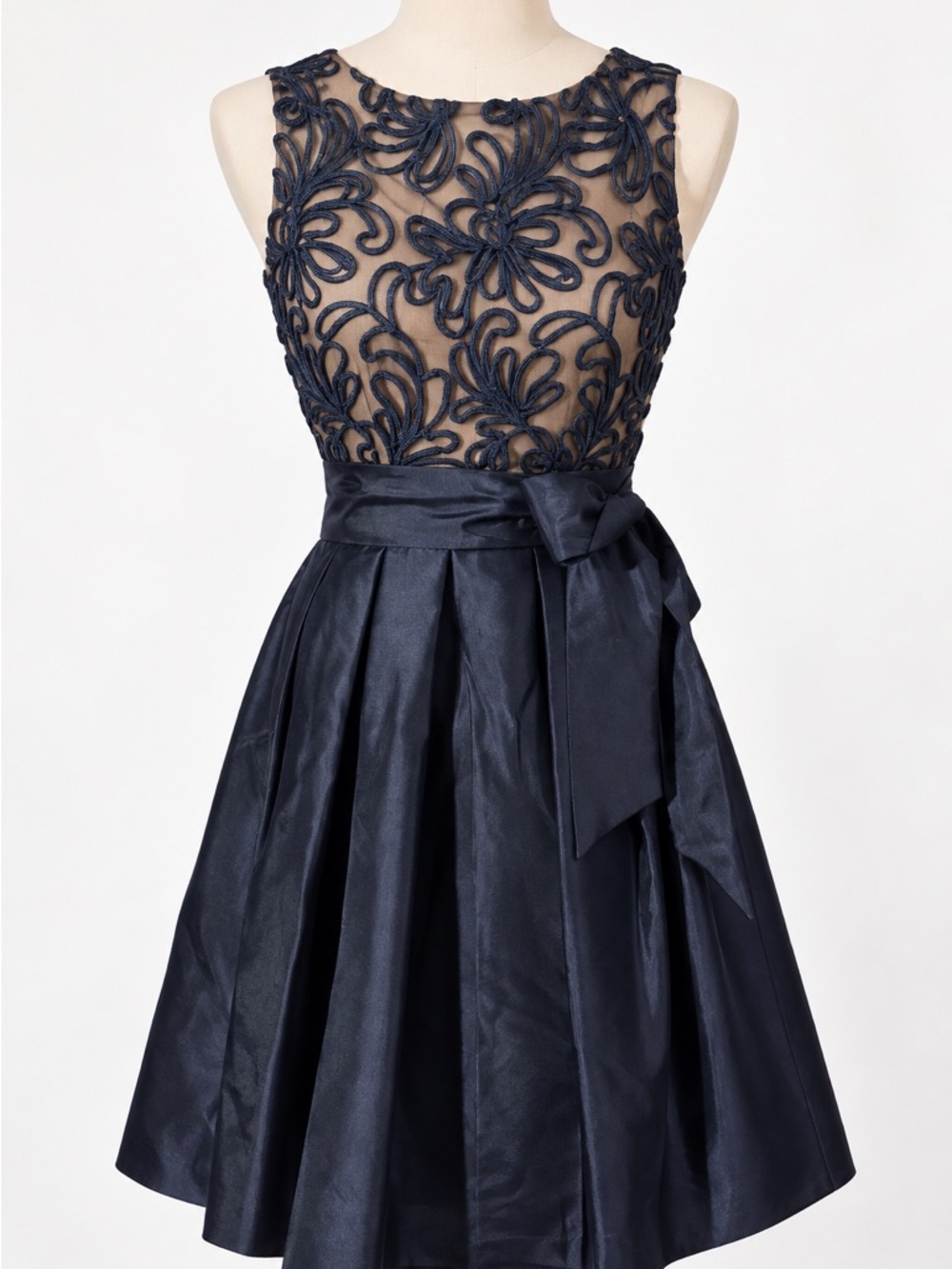 Sleeveless Navy Embroidered Midi Dress with Sash